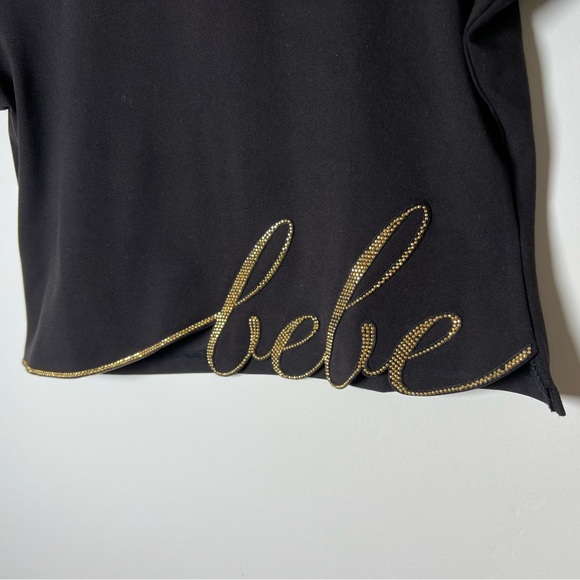 Bebe T-Shirt Crop top Black Tee – Size L – NWOT Gold Glam - Picture 2 of 11